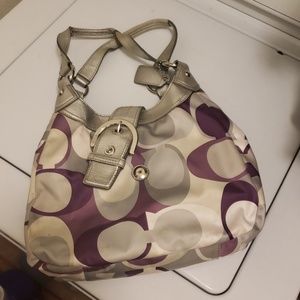 Silver and purple coach purse